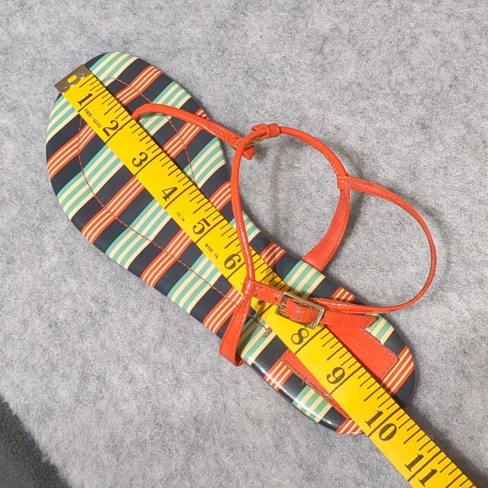 Tory Burch Harbanero Pepper Bauer Stripe Emmy Patent Leather T-Strap Flat Sandal - Picture 10 of 11